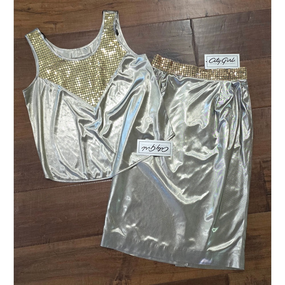 VTG 80s Glam Disco Deadstock Metallic Shimmer Silver Gold Sequin 2 Piece 12X 14